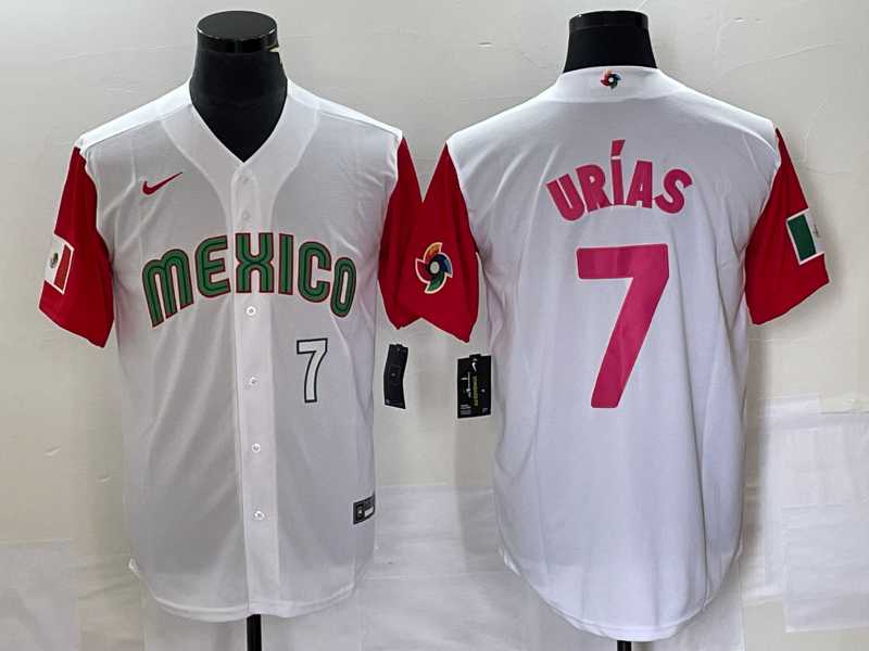 Men%27s Mexico Baseball #7 Julio Urias Number 2023 White Red World Classic Stitched Jersey25
